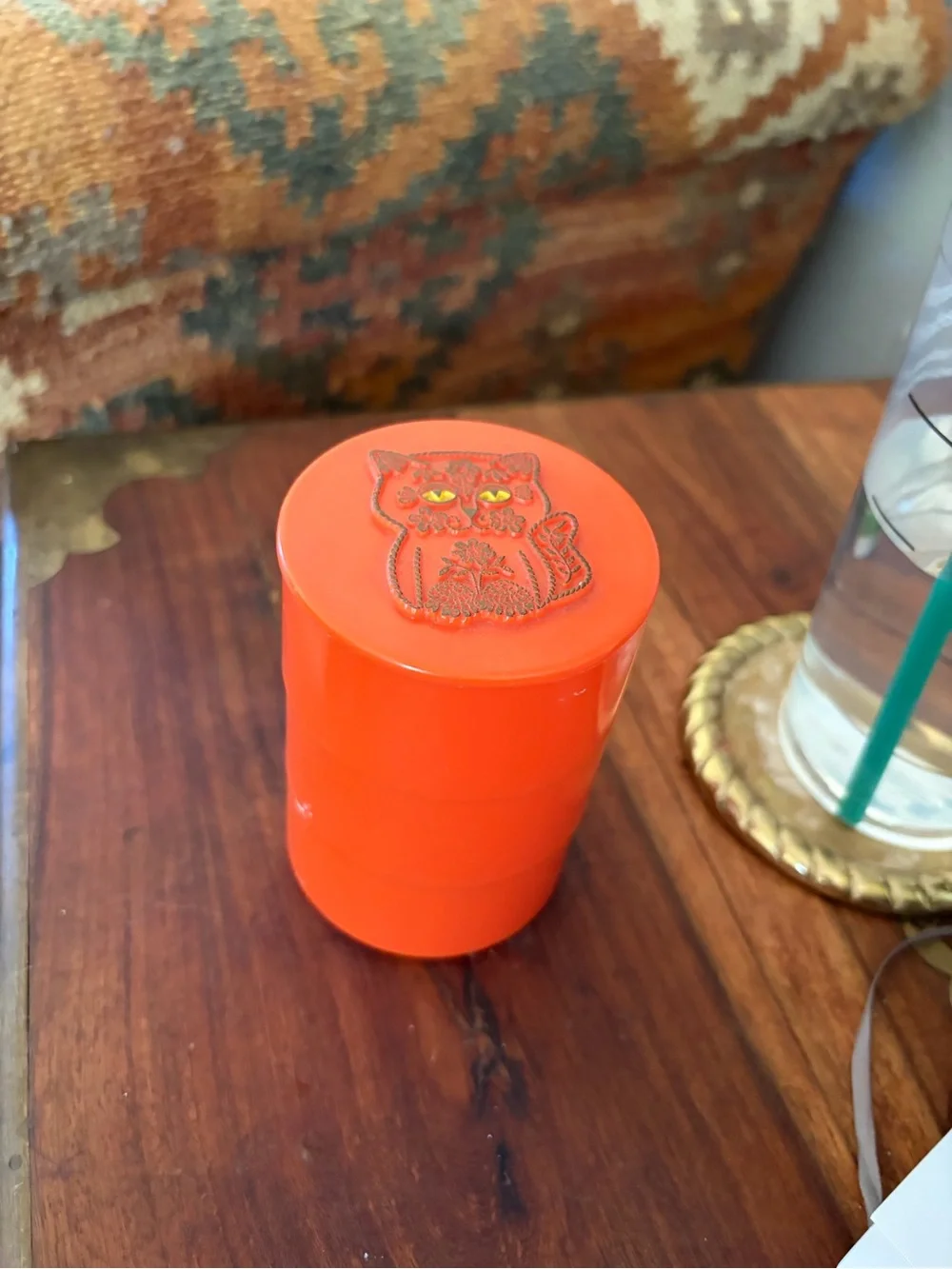 Antique Orange Stacking Container with Cat Motif 1960s
